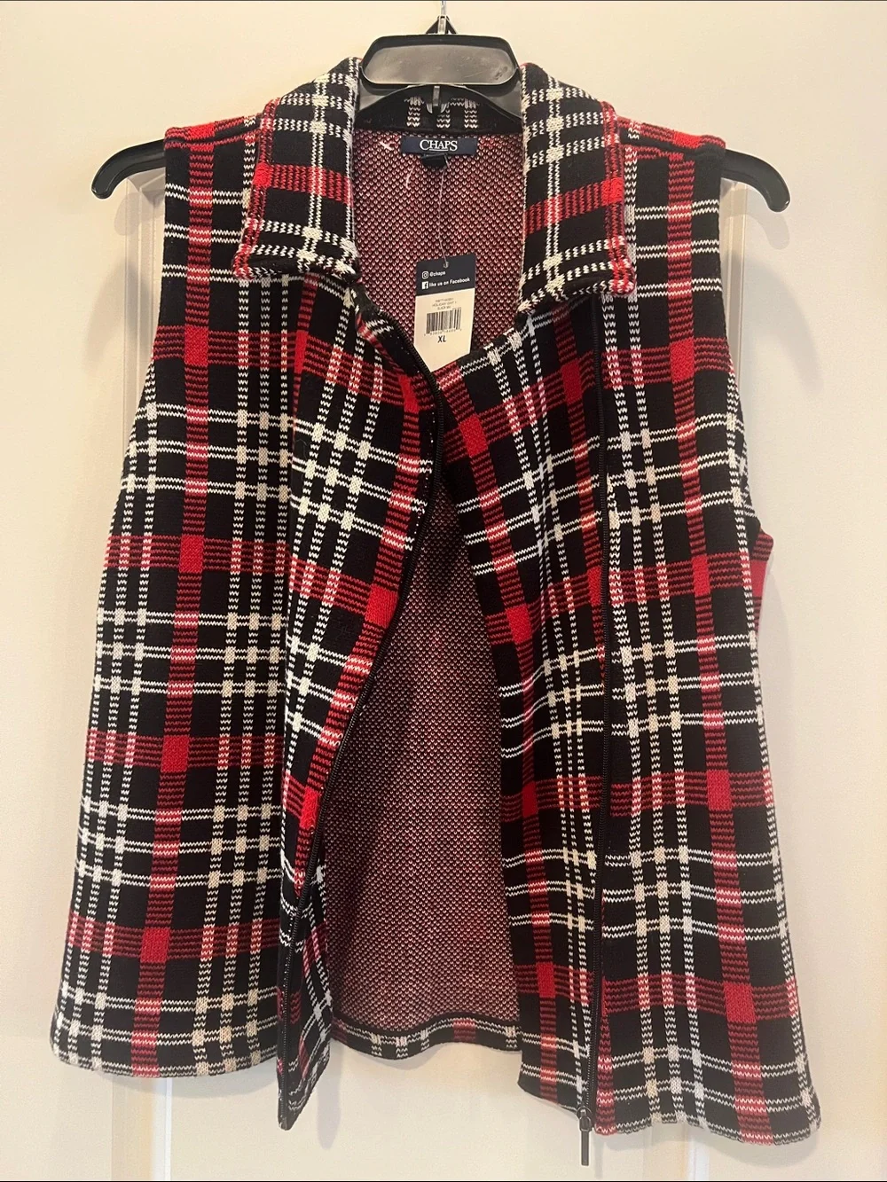 Chaps Red Black White Plaid Sleeveless Collared Vest